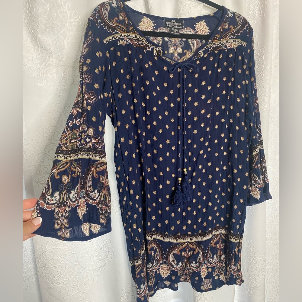 ANGIE Boho Tunic / Dress with flared sleeves size medium Blue and earth tones